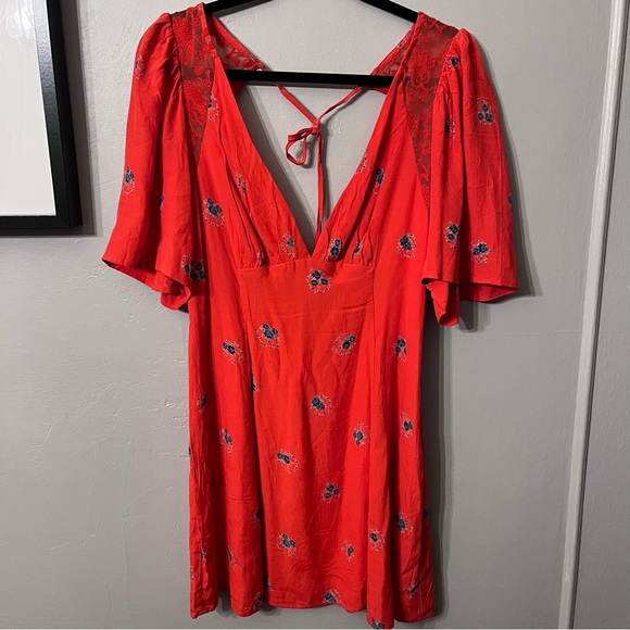 Free People Women's red orange Mockingbird Mesh Inset Mini Dress - Picture 3 of 8